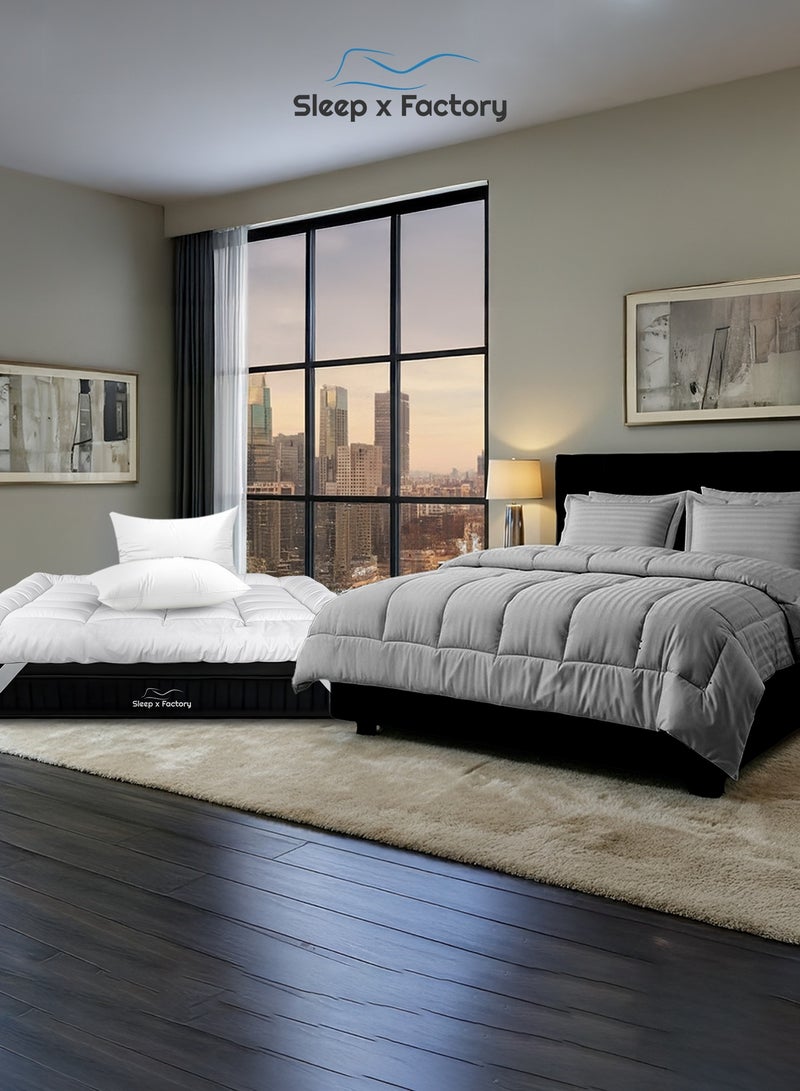 سليب × فاكتوري باقة فندقية فاخرة، لباد مرتبة بارتفاع 14 سم مع طقم لحاف فندقي فاخر بلون رمادي ووسادتين فندقيتين قطنية فاخرة، يناسب سرير كينغ مقاس 200 × 200 سم - Image 3